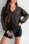 Mineral Wash Snap Trim V Neck Exposed Seam Drop Shoulder Curved Hem Long Sleeve Top